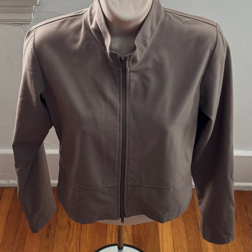 Sympli full zip lightweight brown Taupe Bomber Jacket, size 2 Made in Canada